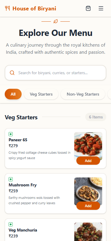House of Biryani Mobile View